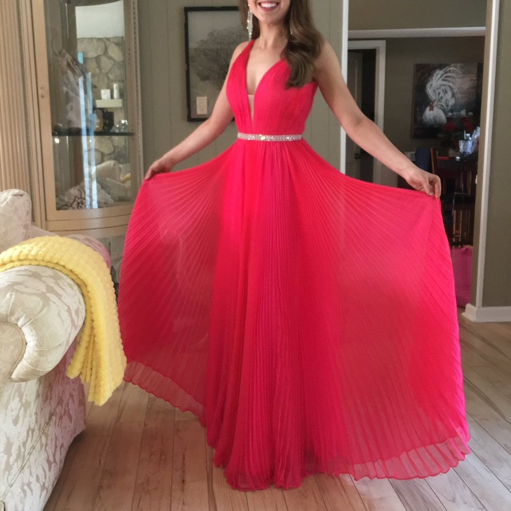 Sherri Hill Watermelon Pleated Dress w/ Rhinestone Belt